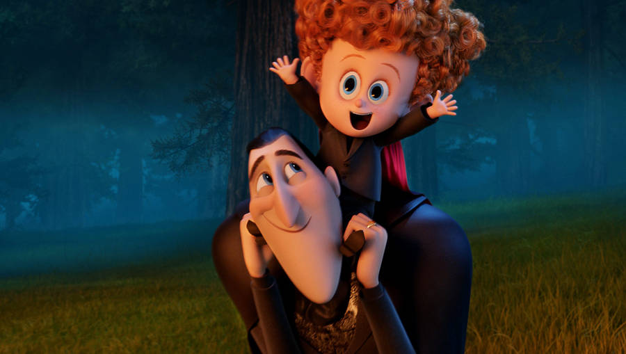 Mavis And Johnny's Fun Piggyback Adventure In Hotel Transylvania 2 Wallpaper