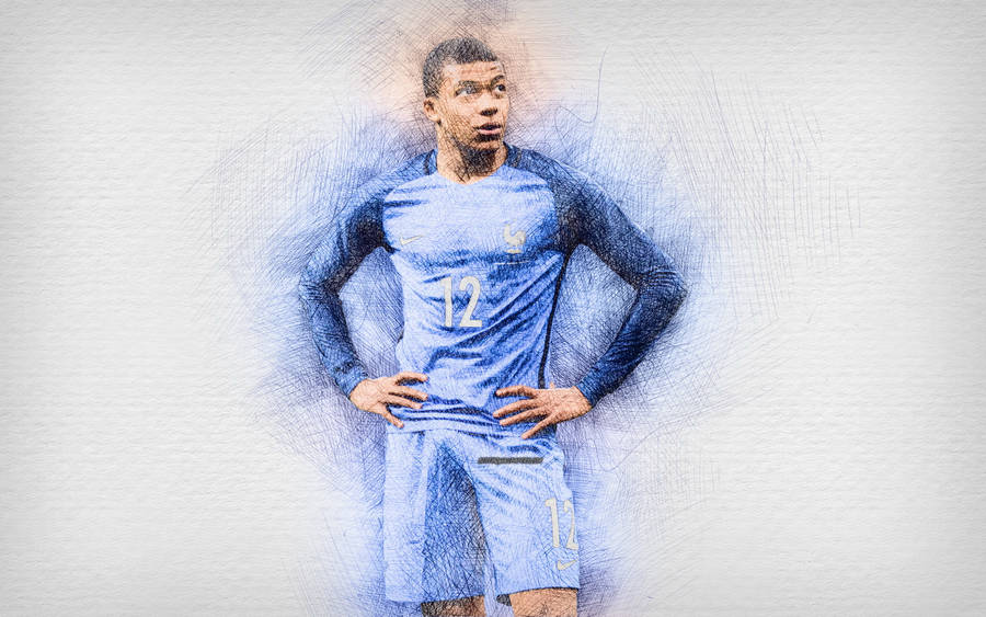 Mbappe Blue Sketch Art Wallpaper