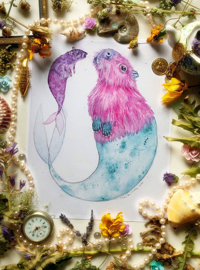 Mermaid Capybara And Rat Art Wallpaper