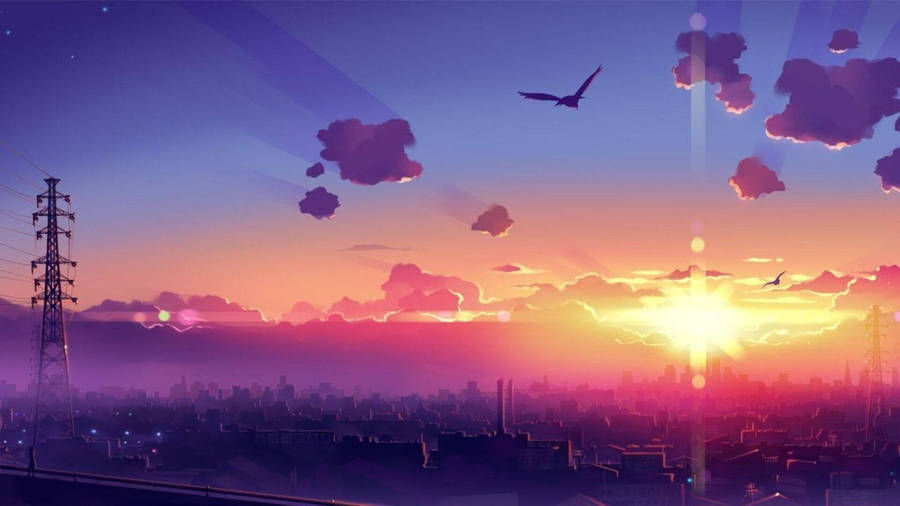 Mesmerizing Anime Aesthetic Sunset - Merging Fantasy With Reality Wallpaper