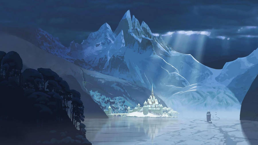 Mesmerizing View Of The Magical Disney Castle Engulfed In A Spectacular Frozen Theme Wallpaper