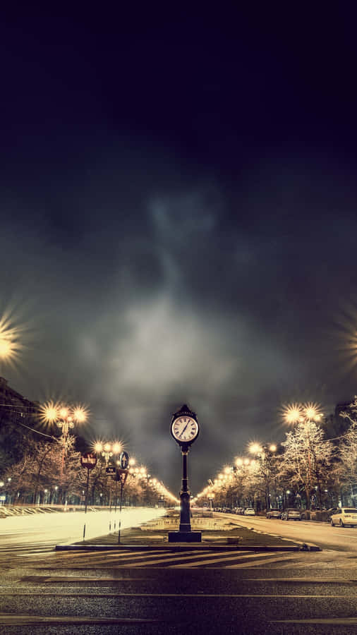 Midnight Clock Street Lights Wallpaper