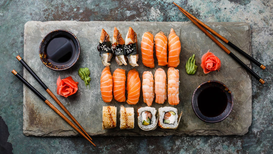 Mixed Seafood Sashimi Serving On Stone Board Wallpaper