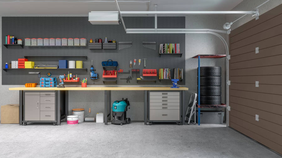 Modern Garage Equipped With Storage Room And Repair Tools Wallpaper