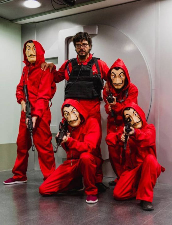 Money Heist Professor And Robbers Portrait Wallpaper