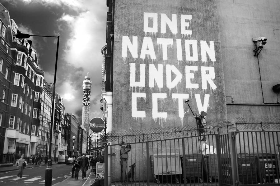 Monochrome Banksy Nation Cctv Art Wallpaper