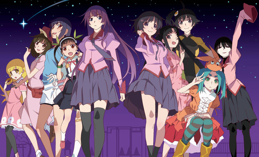 Monogatari Characters Under Starry Night Wallpaper