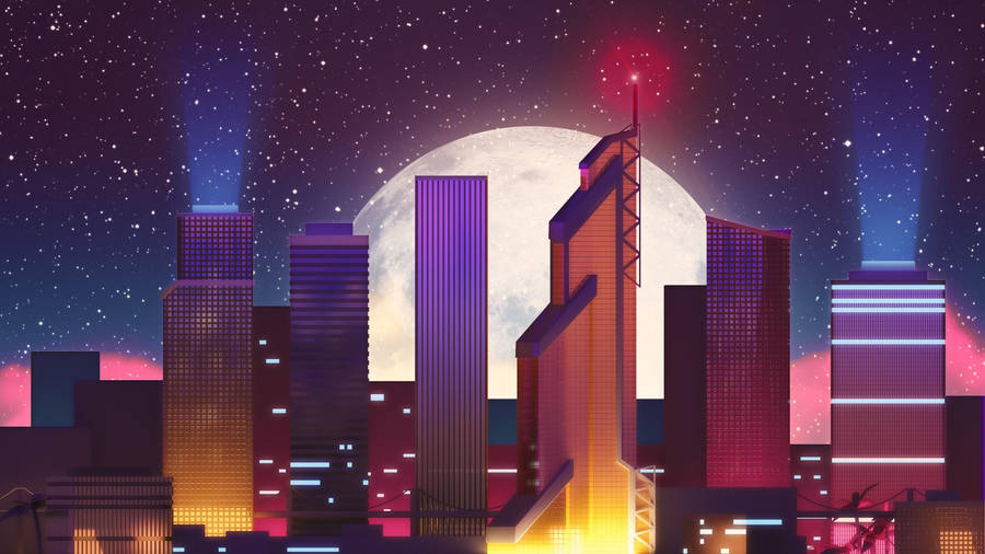 Moon And Stars Cityscape Art Wallpaper