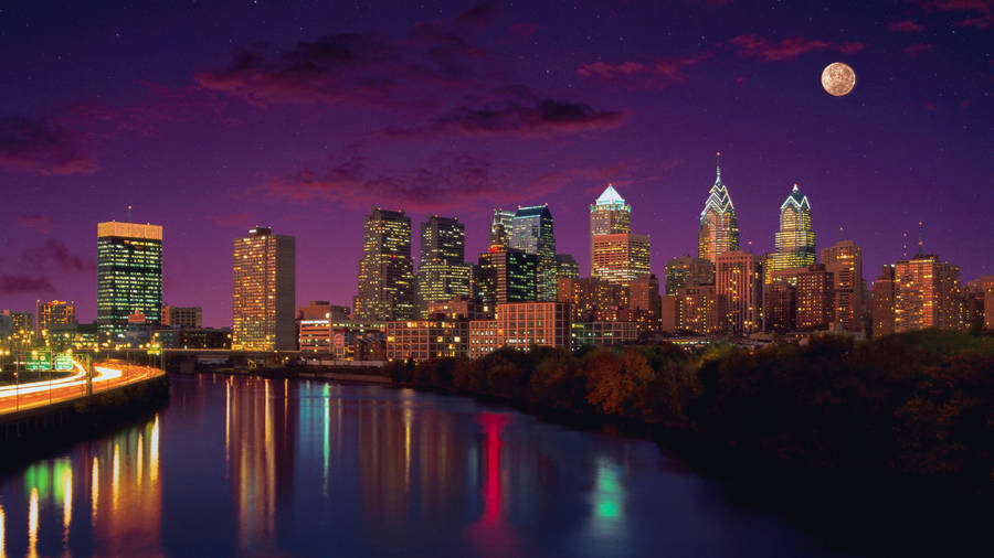 Moon Over Philadelphia River Wallpaper