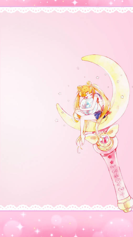 Moon Stick With Pink Backdrop Sailor Moon Iphone Wallpaper