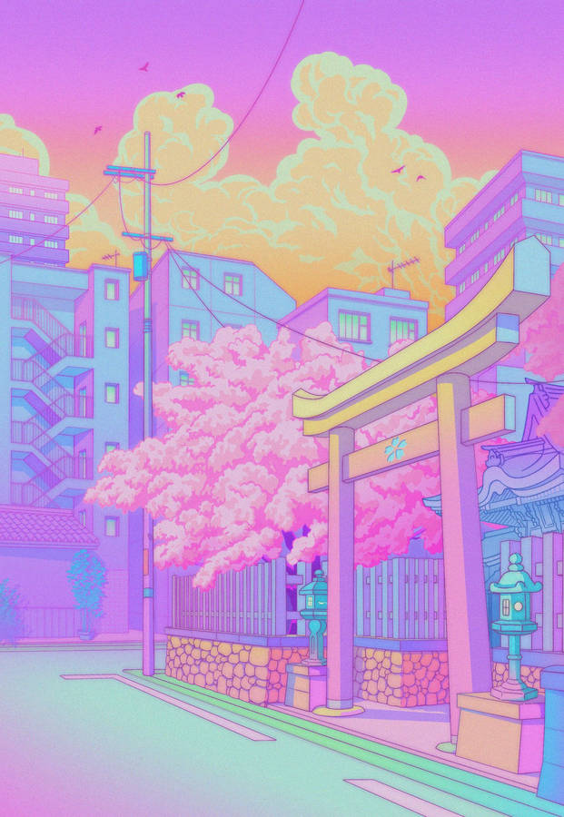 Morning Shrine Visit In Pastel Japanese Aesthetic Wallpaper