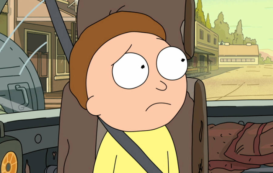 Morty Smith Sad On Passenger's Seat Wallpaper