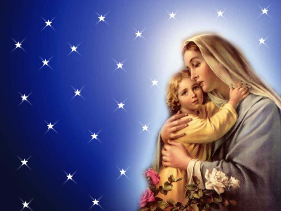 Mother Mary In Awe Of The Heavens Wallpaper