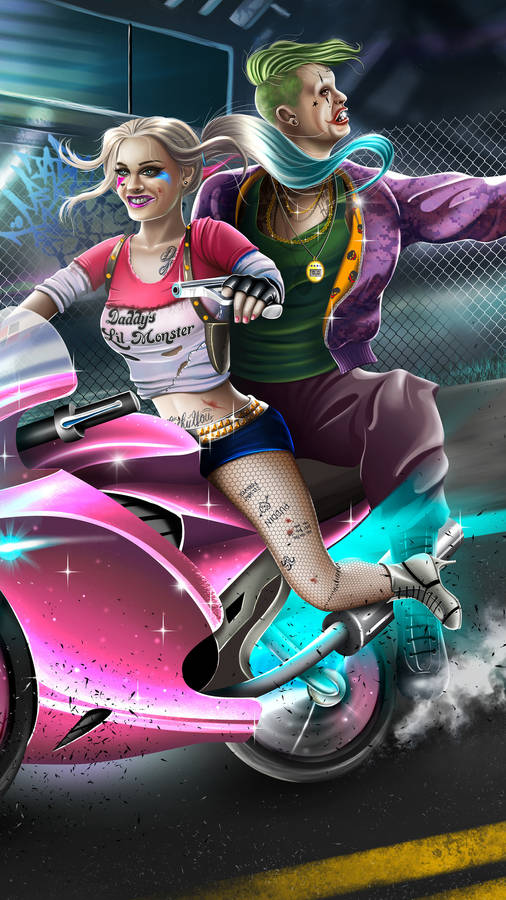 Motorbike Joker Harley Quinn Phone Wallpaper