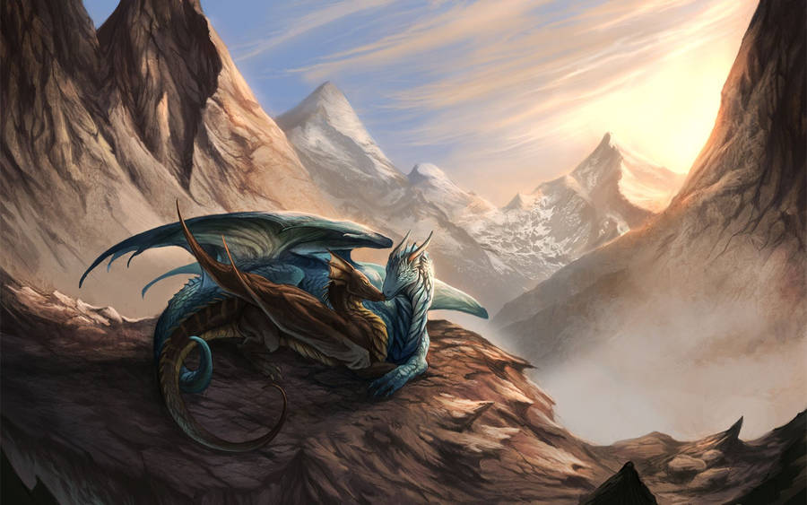 Mountain Cave Light Dragon Couple Wallpaper