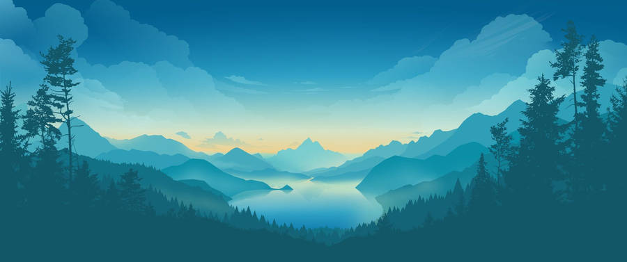 Mountain Landscape Blue-green Tonal Gradation Wallpaper