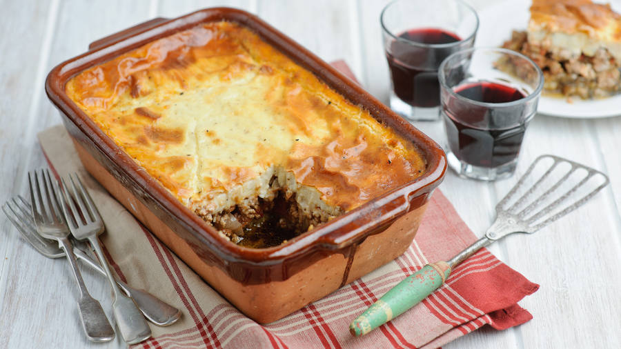 Mouthwatering Oven-baked Moussaka On A Tray Wallpaper