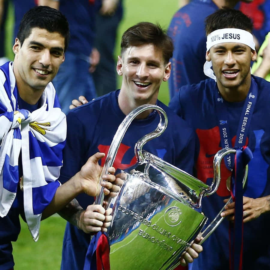 Msn Trio Smiling With Ucl Trophy Wallpaper