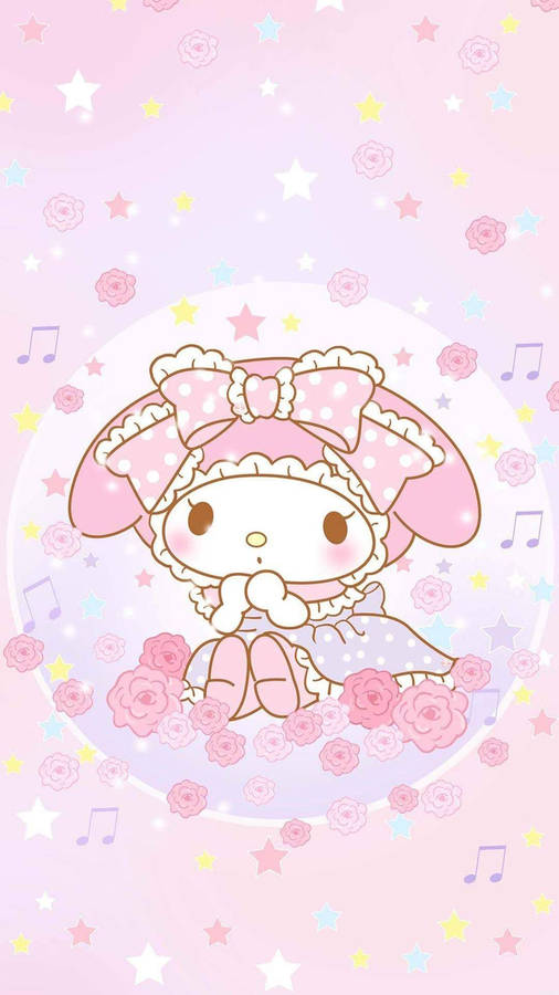 My Melody Sitting On Flowers Wallpaper