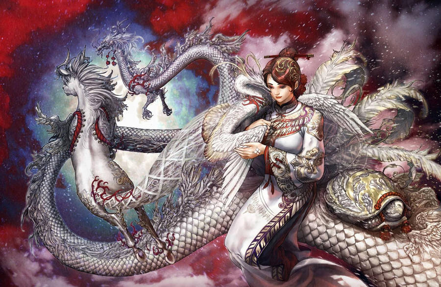 Mystical Eastern Dragon Guarding A Chinese Maiden Wallpaper