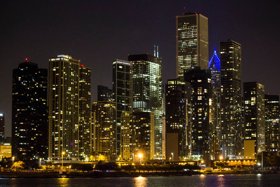 Navy Pier Night Lighted Skyline Wallpaper