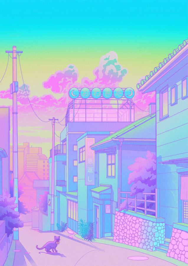 Neighborhood Cat In A Pastel Japanese Aesthetic Wallpaper