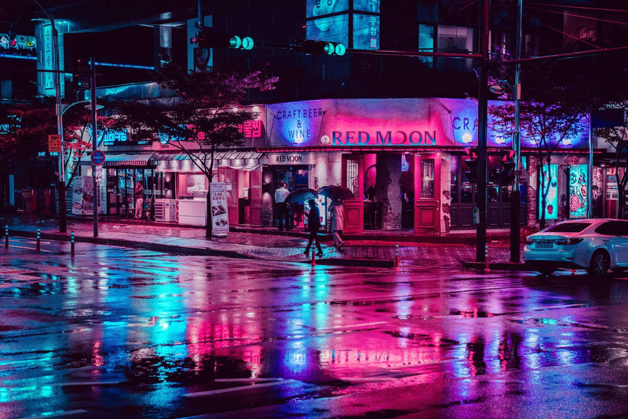 Neon Lights Damp Street Wallpaper