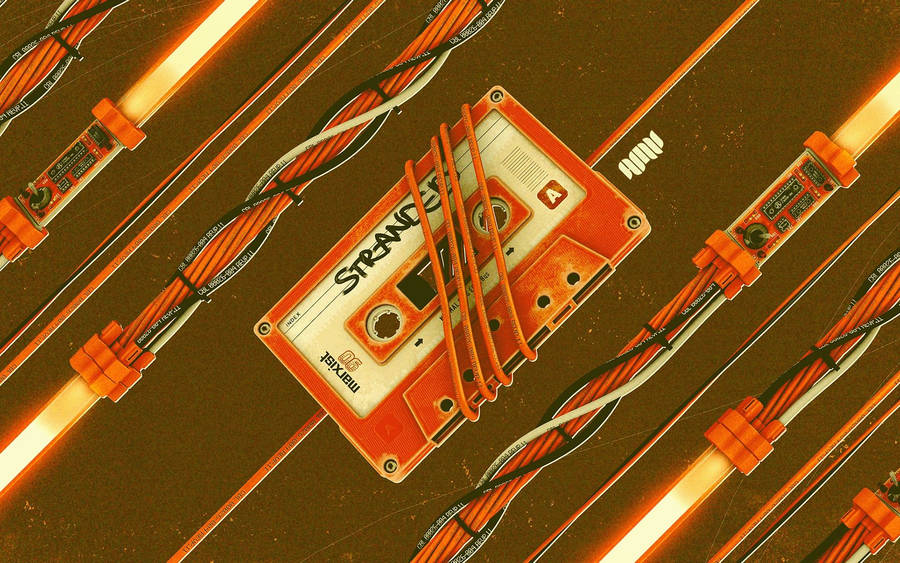 Neon Orange Cassette Tape With Wires Wallpaper