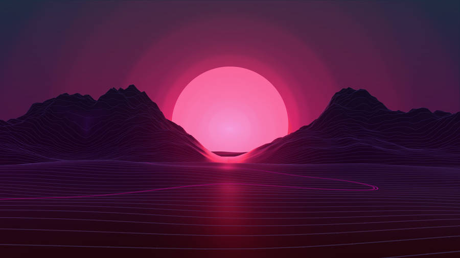 Neon Pink Sun Rising Between Mountains Wallpaper