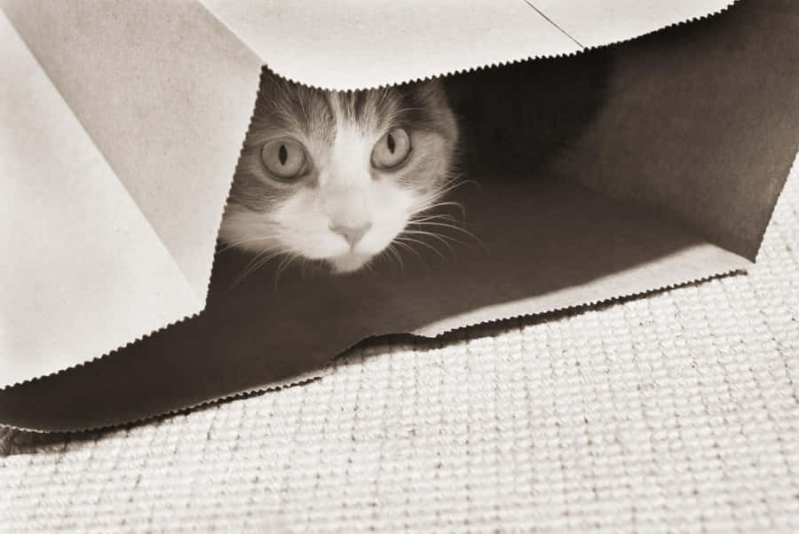 Nervous Cat Peeking From Paper Bag Wallpaper