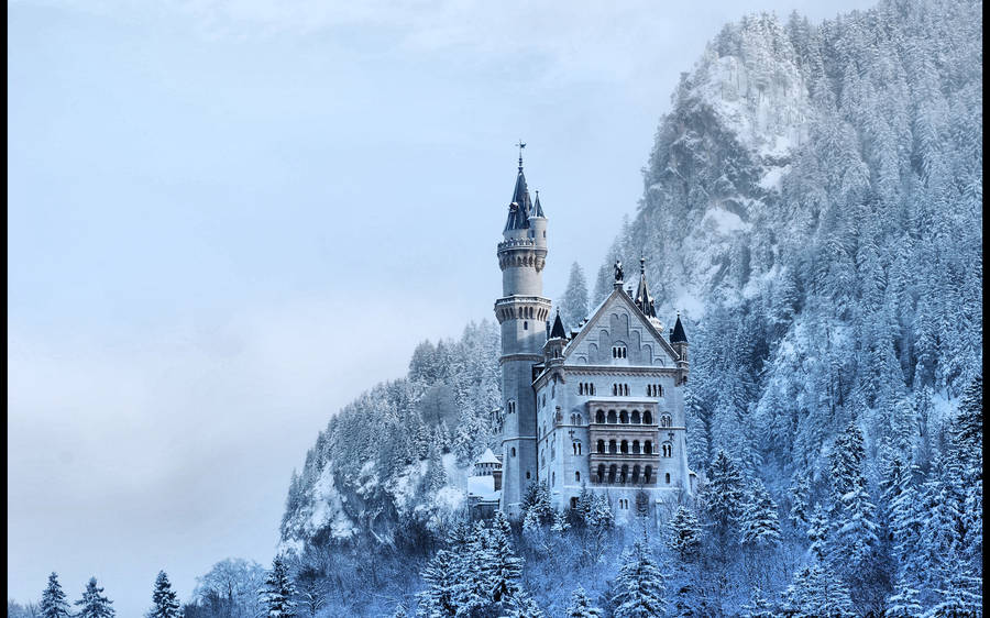 Neuschwanstein Castle On Snowy Mountain Wallpaper