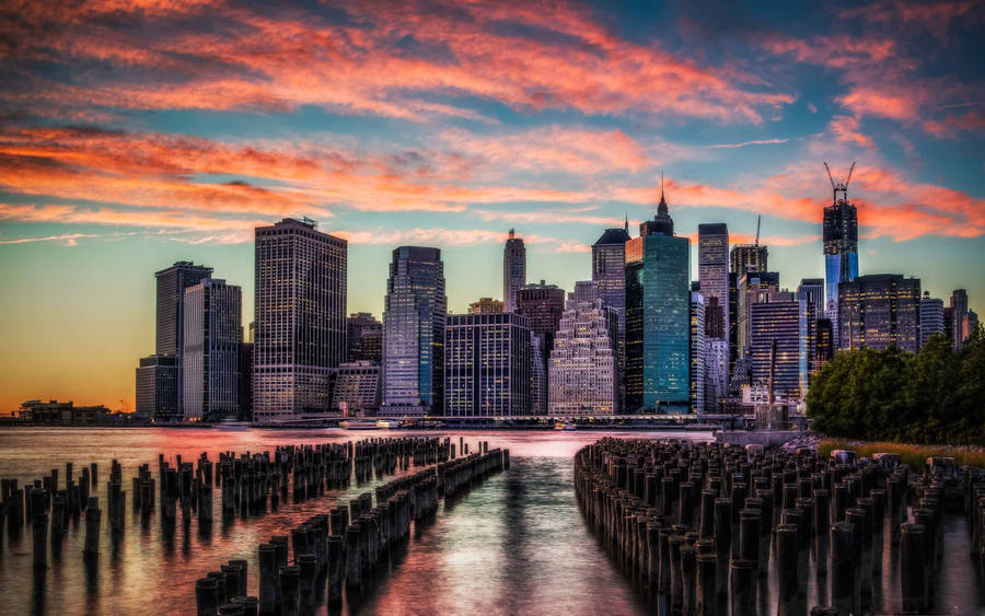 New York Skyline With Orange Clouds Wallpaper