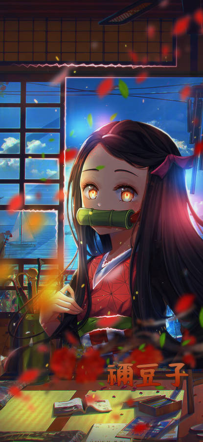 Nezuko Phone Falling Leaves Wallpaper