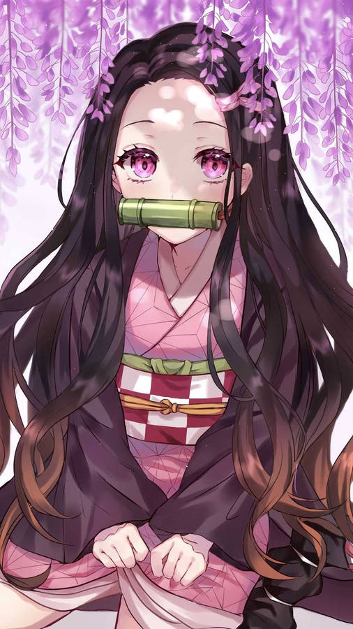 Nezuko Phone Purple Leaves Wallpaper