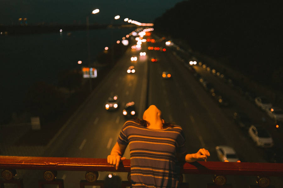 Night Aesthetic Woman Against Highway Wallpaper