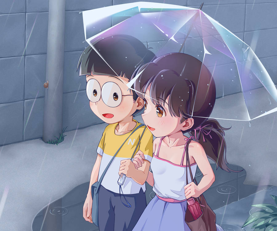 Nobita Shizuka Hd Rain Umbrella Wallpaper