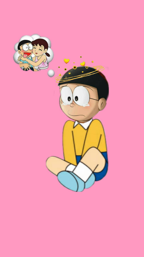 Nobita Shizuka Love Story Pink Backdrop Wallpaper