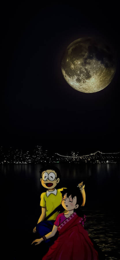 Nobita Shizuka Love Story Under Moon Wallpaper