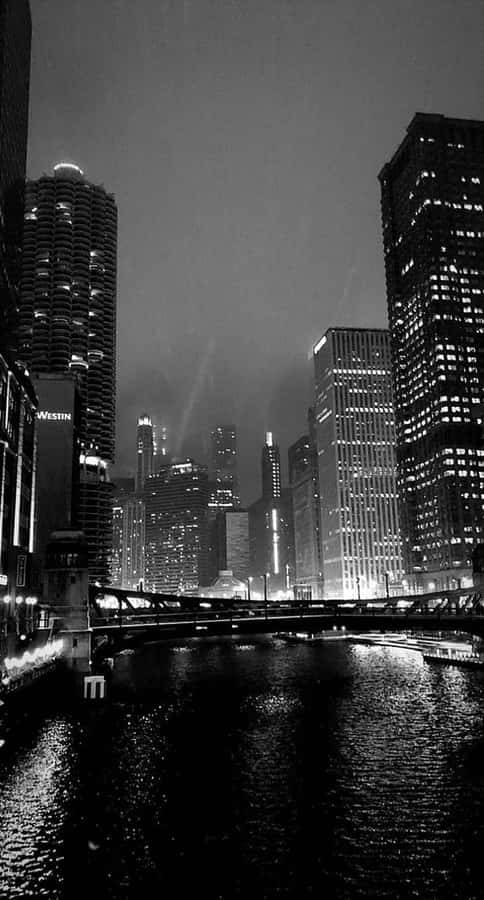 Nocturnal Cityscape River View B W Wallpaper