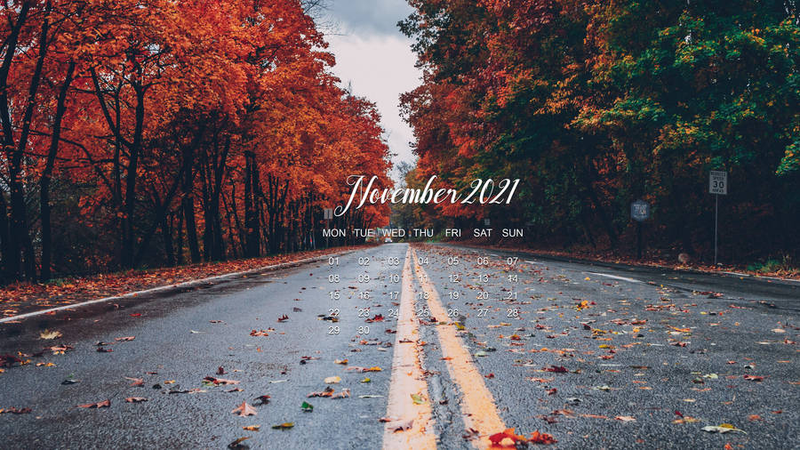 November 2021 Calendar Red Road Trees Wallpaper