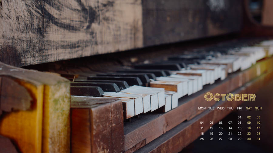 October Calendar 2021 Wood Piano Wallpaper