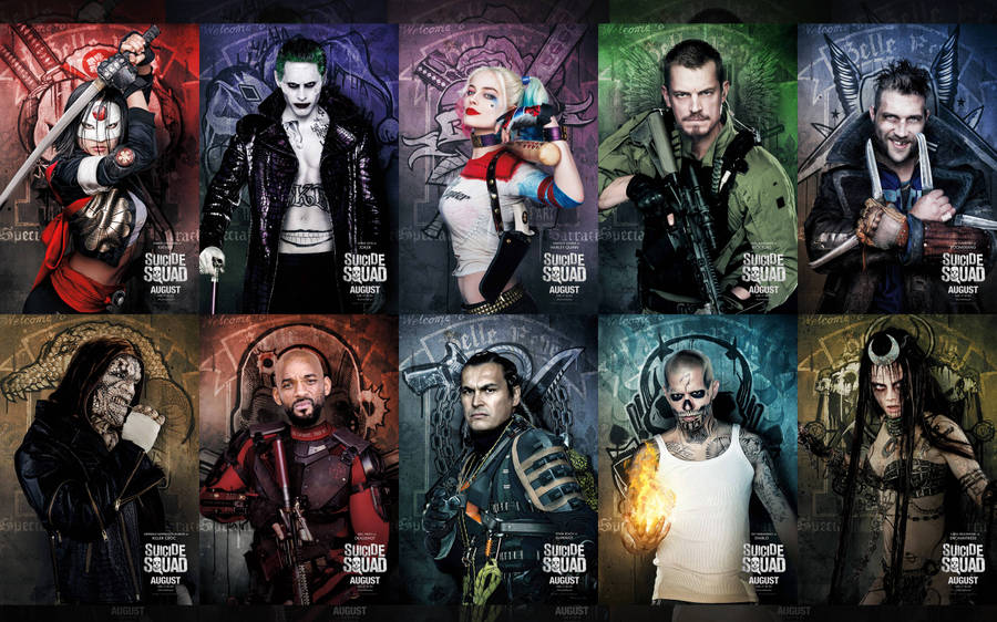 Official Suicide Squad Movie Poster Featuring The Team And Their Superpower Weapons Wallpaper