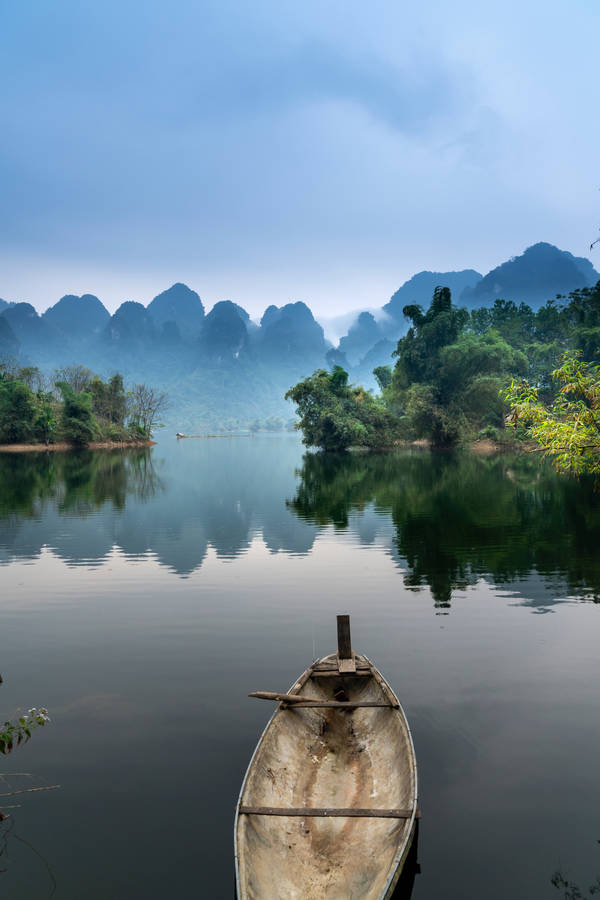 Old Wooden Boat With River View Wallpaper