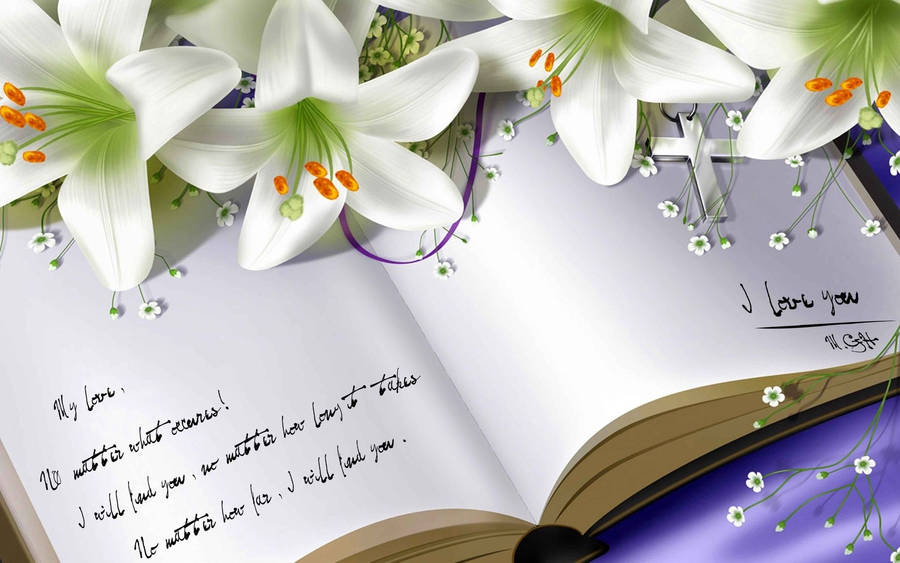 Open Book With White Lily Wallpaper