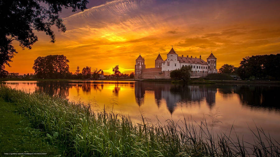 Orange Sunset Belarus Castle Wallpaper