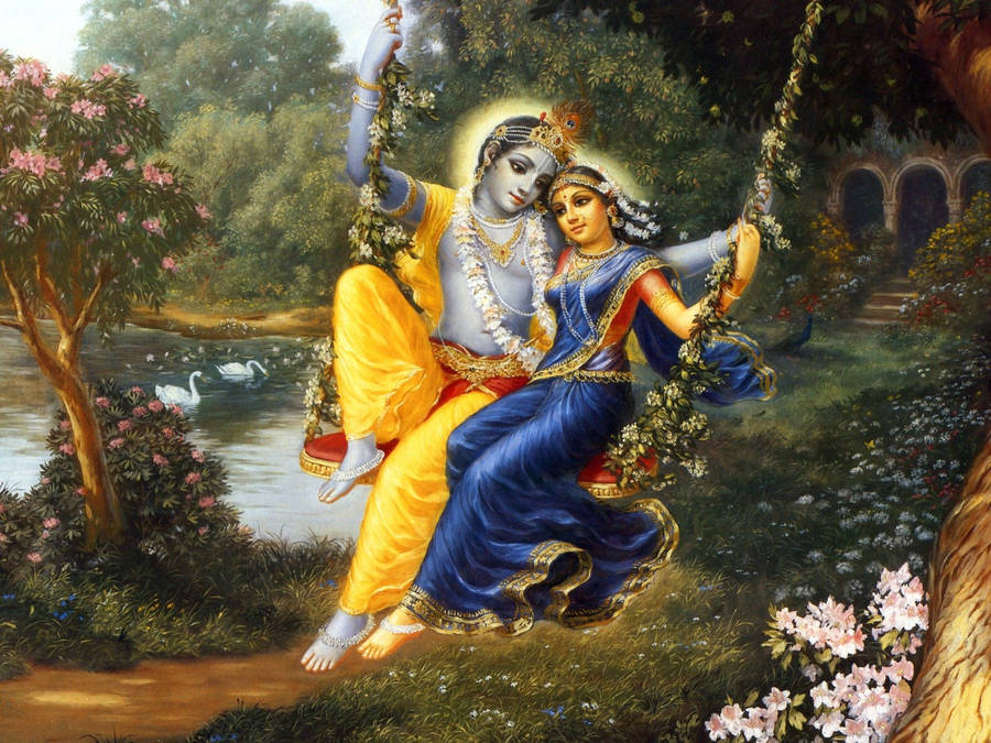 Painted Radha Krishna In Garden Wallpaper