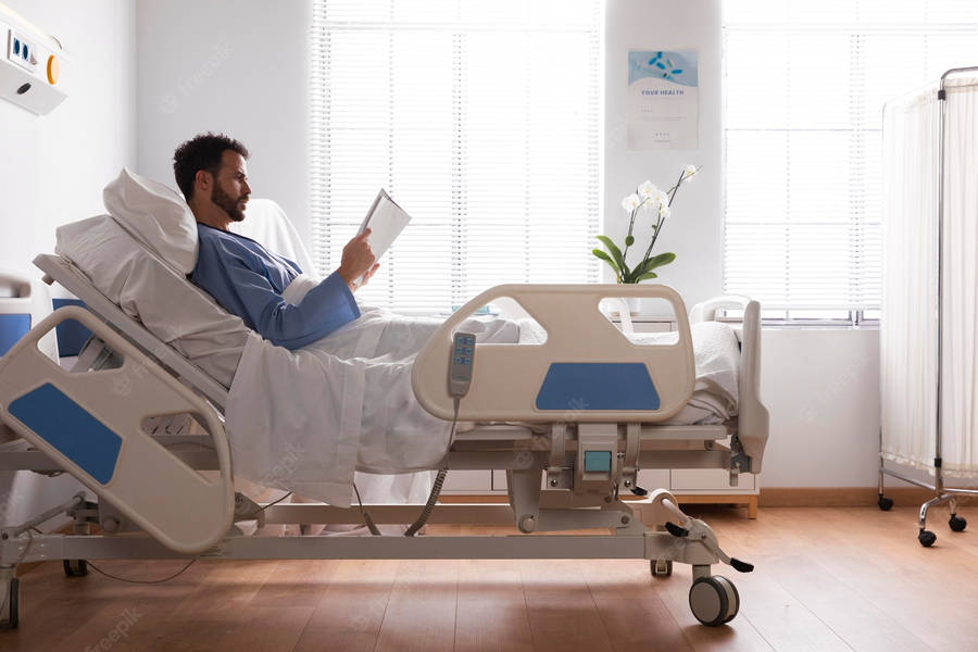 Patient Reading In Hospital Bed Wallpaper