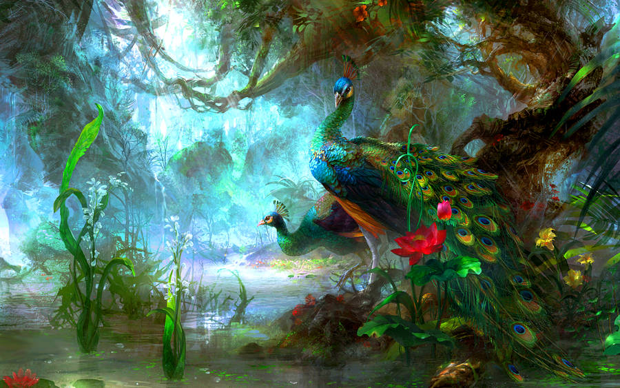 Peacock Animals Oil And Watercolor Painting Wallpaper