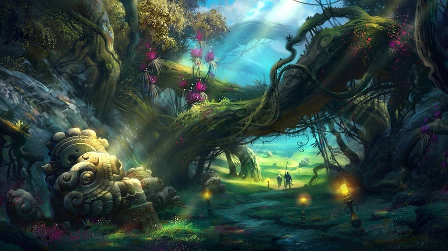 People Leaving An Enchanted Forest Wallpaper