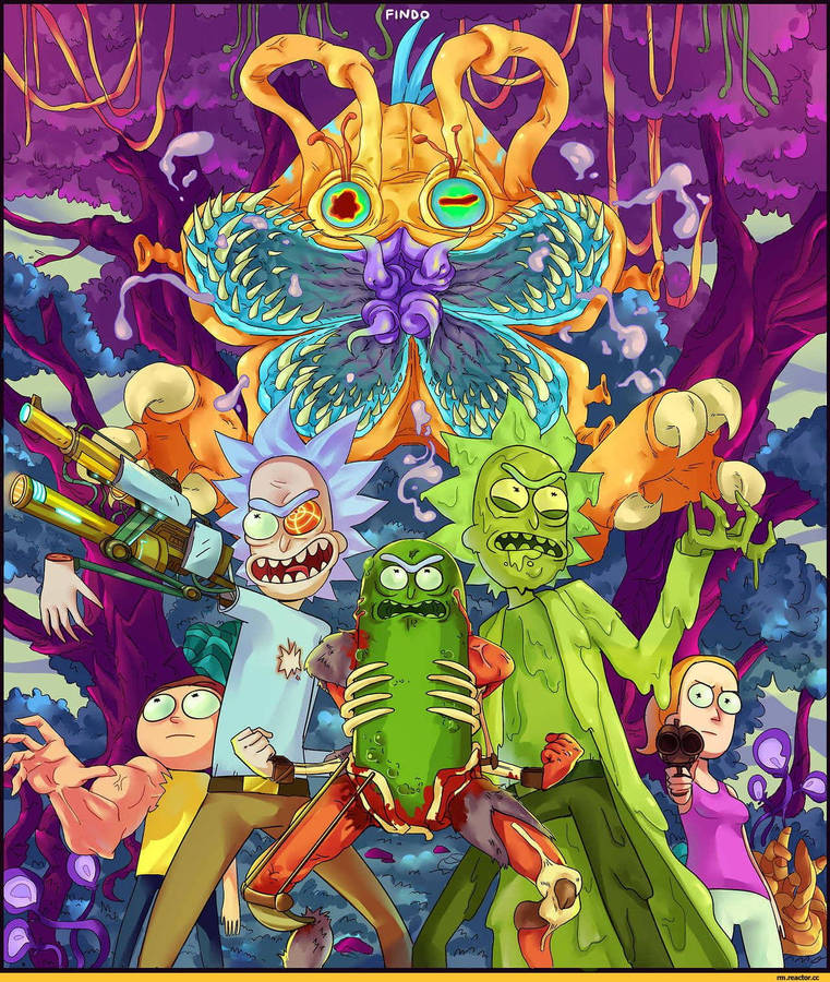 Pickle Rick With Rick And Morty Characters Wallpaper